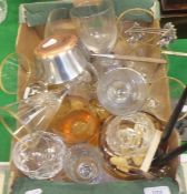A box of various gilded cut glass wine and various other drinking glasses, salad servers,