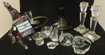 A collection of various glass ware to include two Mats Jonasson Swedish paperweights,