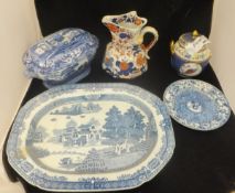 A Mason's ironstone hydra jug, a Copeland Spode's Tower tureen and cover, blue and white meatplate,