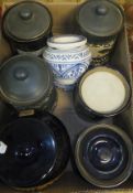 Two boxes containing eight vintage Tobacco jars and covers, two pottery ashtrays,