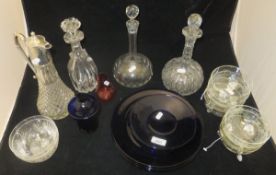 Three various decanters, claret jug, Sunday dishes, blue glass plates and a jar and cover,