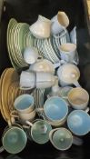 Three boxes of various dinner wares to include Wedgwood, Poole "Twin Tone", Branksome, Midwinter,