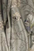 Two pairs of pale green / blue silk interlined curtains decorated with birds amongst blossoming