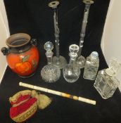 Four various cut glass decanters, one with a silver rim, a Rumtopf jar,