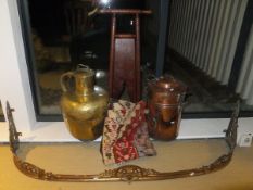 A large copper pan, a large brass jug, a brass fender,