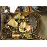 A box of assorted brass and copper wares to include various salvers, photo frames, fire tools, jugs,