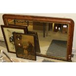 A Victorian walnut over mantle mirror with parquetry inlaid frame together with two prints