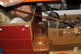 A box of various bath and shower furniture, mixer taps, shower head etc, two vintage golf clubs,