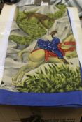 A Ferragamo silk scarf decorated with hunting scene inscribed "....