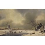 R M (19th Century) "Dutch frozen river landscape with figures, windmills in the background",