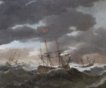 19TH CENTURY ENGLISH SCHOOL "Battleships in a storm", oil on canvas, unsigned, 63 cm x 76.