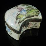 A French enamel decorated box of crescent shaped form with hinged lid depicting a woman in 18th