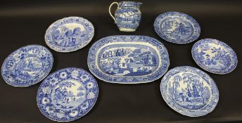 A collection of 19th Century blue and white wares to include Chinoiserie pattern jug decorated with