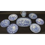 A collection of 19th Century blue and white wares to include Chinoiserie pattern jug decorated with