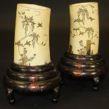 A pair of early 20th Century ivory pots decorated with Shibayama decoration depicting birds and
