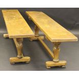 A pair of early 20th Century elm plank top serving tables with single piece tops,