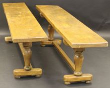 A pair of early 20th Century elm plank top serving tables with single piece tops,
