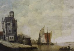 19TH CENTURY DUTCH SCHOOL "Estuary landscape with sail barges and figures,