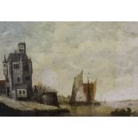 19TH CENTURY DUTCH SCHOOL "Estuary landscape with sail barges and figures,