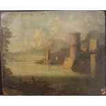 18TH CENTURY CONTINENTAL SCHOOL "Lake landscape with castle and figures on a bank in foreground",