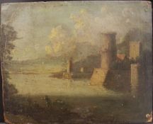 18TH CENTURY CONTINENTAL SCHOOL "Lake landscape with castle and figures on a bank in foreground",