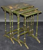 A nest of three 19th Century green lacquered and chinoiserie decorated occasional tables on faux