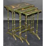 A nest of three 19th Century green lacquered and chinoiserie decorated occasional tables on faux