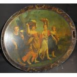 An early 19th Century hand-painted tole ware tray decorated with four maidens emblematic of The