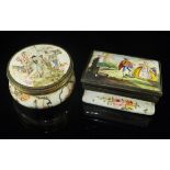 A French enamelled hinged lidded box of waisted form,