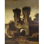 FOLLOWER OF MEINDERT HOBBEMA (1638-1707) "Ruined castle gateway with figures on path in foreground",