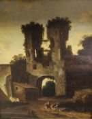 FOLLOWER OF MEINDERT HOBBEMA (1638-1707) "Ruined castle gateway with figures on path in foreground",