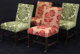 A set of four George III dining chairs with modern flock upholstery, two in red and two in green,