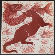 William de Morgan glazed pottery tile, decorated in ruby lustre with an otter and fish,