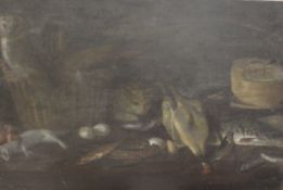 19TH CENTURY CONTINENTAL SCHOOL "Dead fish and game on a ledge with owl upon a basket and cat in