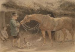 LORENZ FROLICH (1820-1908) "Young man feeding horse before a thatched cottage",