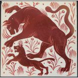 William de Morgan glazed pottery tile, decorated in ruby lustre with a feline and young,