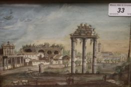 18TH CENTURY ROMAN SCHOOL "Grand building with figures", watercolour, unsigned, 16 cm x 23.