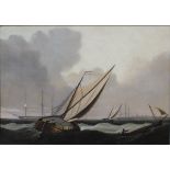 19TH CENTURY DUTCH SCHOOL "Sailing barges in choppy seas, a town with harbour in background",