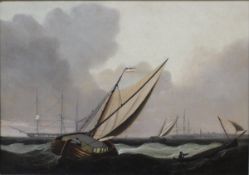 19TH CENTURY DUTCH SCHOOL "Sailing barges in choppy seas, a town with harbour in background",