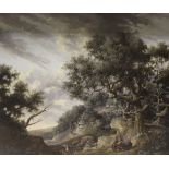 18TH CENTURY CONTINENTAL SCHOOL "Rural landscape with travellers by a camp fire,