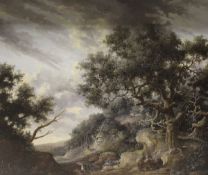 18TH CENTURY CONTINENTAL SCHOOL "Rural landscape with travellers by a camp fire,