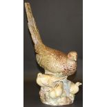 A 19th Century Meissen figure group of a hen pheasant and chicks on a rocky base,