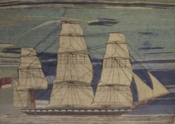 19TH CENTURY ENGLISH SCHOOL "Three masted Schooner", long stitch needlework study,