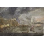 18TH CENTURY ENGLISH SCHOOL "Harbour scene with castle, various sailing vessels in foreground",