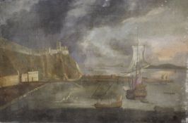 18TH CENTURY ENGLISH SCHOOL "Harbour scene with castle, various sailing vessels in foreground",