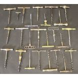 A collection of various 19th Century and other T bar corkscrews various including fourteen steel,