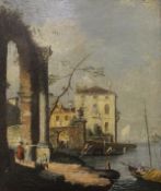 18TH CENTURY VENETIAN SCHOOL "Figures by ruins with gondolas and buildings in background",