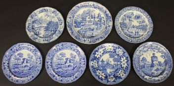 A collection of seven 19th Century blue and white plates including 'Elephant' pattern by Rogers,