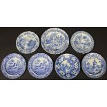 A collection of seven 19th Century blue and white plates including 'Elephant' pattern by Rogers,