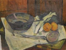 RONGIER (20th Century) IN THE MANNER OF GAUGUIN "Oranges, pan and skimmer on a table",